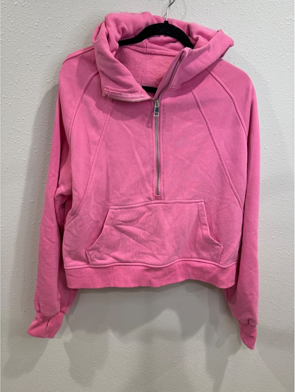 Women’s XL Pink Half Zip Cropped Hoodie Fleece Scuba Style Thumbholes Oversized